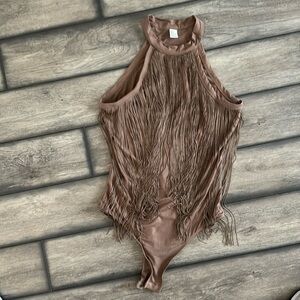 Country concert outfit! Fringe bodysuit. High neck, slim tank top.